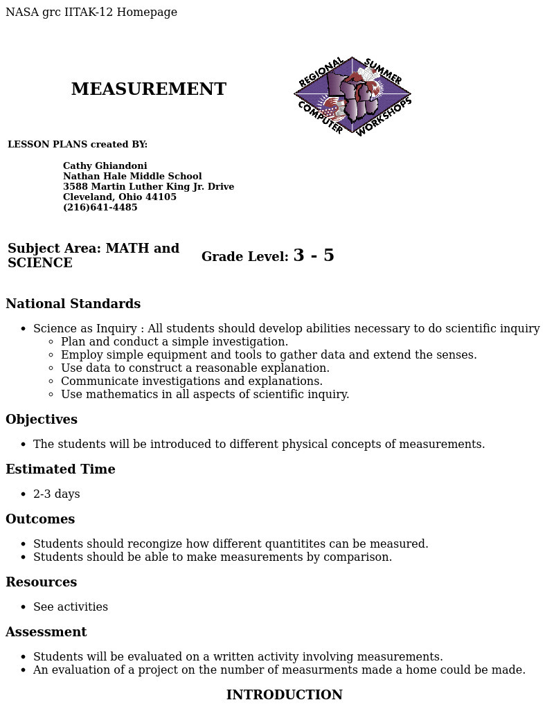 Measurement Lesson Plan Measurement Lesson Plan