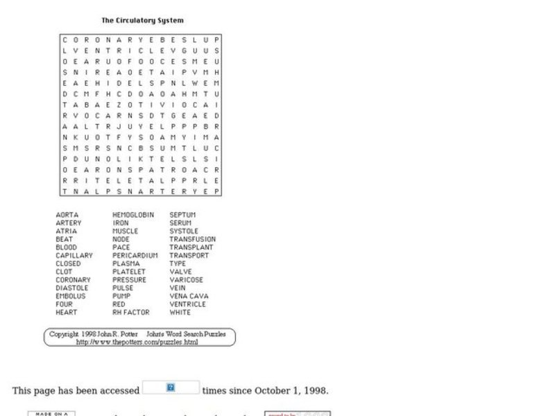 The Circularory System Wordsearch Puzzle Worksheet The Circularory System Wordsearch Puzzle Worksheet