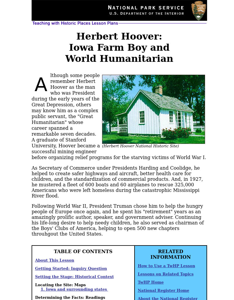 Herbert Hoover: Iowa Farm Boy an World Humanitarian Lesson Plan Herbert Hoover: Iowa Farm Boy an World Humanitarian Lesson Plan