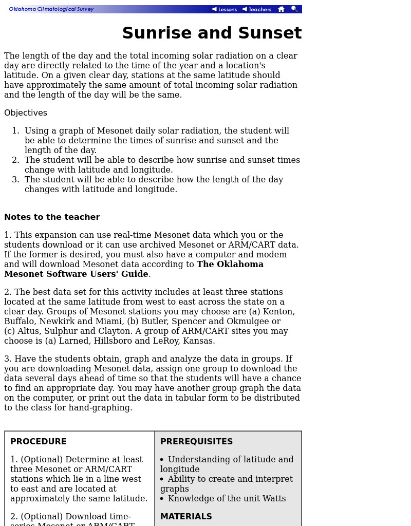 Sunrise and Sunset - Graph of Daily Solar Radiation Lesson Plan Sunrise and Sunset - Graph of Daily Solar Radiation Lesson Plan