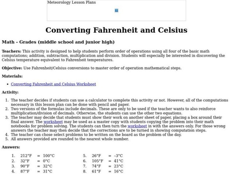 Converting Fahrenheit and Celsius Lesson Plan Converting Fahrenheit and Celsius Lesson Plan