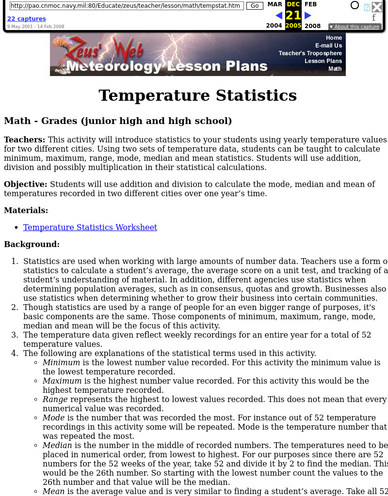 Temperature Statistics Lesson Plan Temperature Statistics Lesson Plan