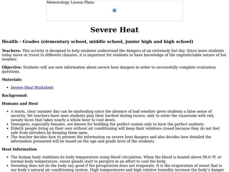 Severe Heat Lesson Plan Severe Heat Lesson Plan