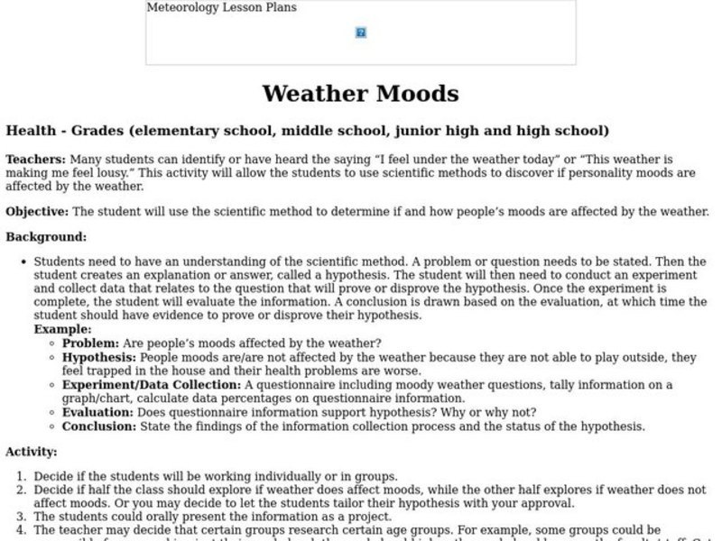 Weather Moods Lesson Plan Weather Moods Lesson Plan