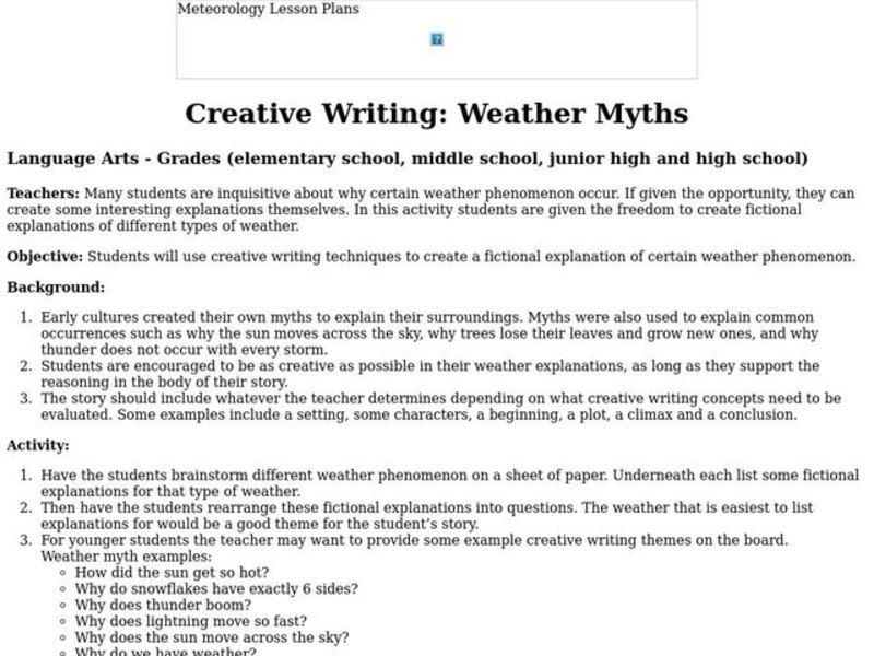 Creative Writing: Weather Myths Lesson Plan Creative Writing: Weather Myths Lesson Plan