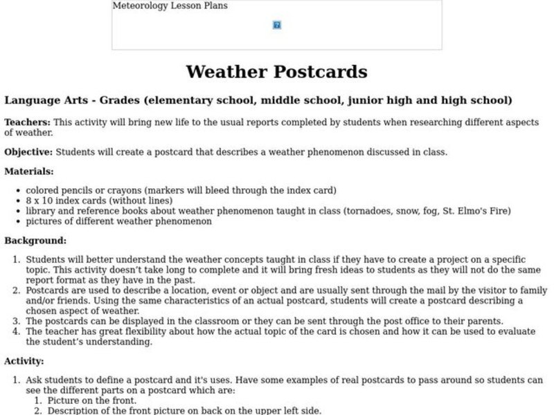 Weather Postcards Lesson Plan Weather Postcards Lesson Plan