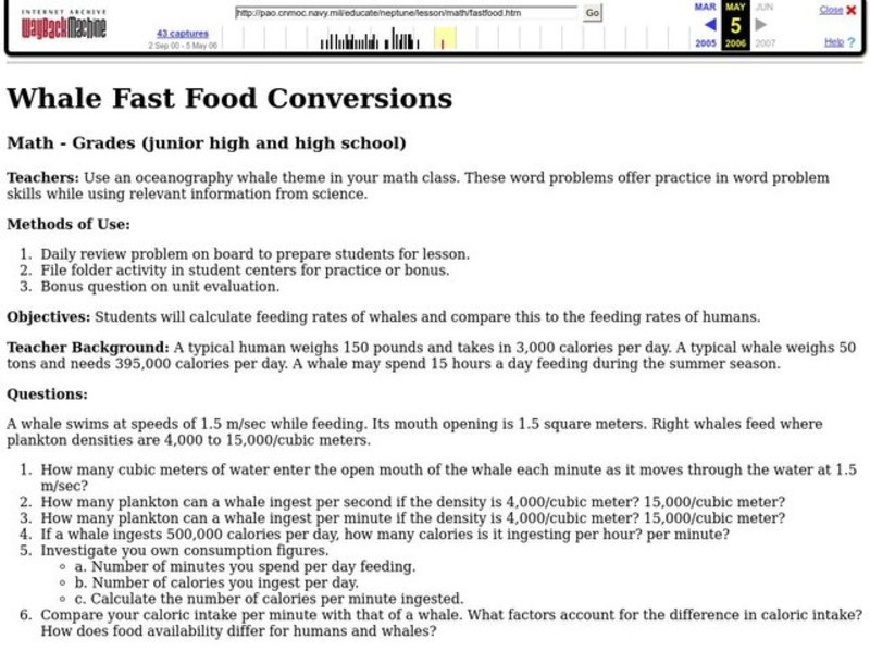Whale Fast Food Conversions Lesson Plan Whale Fast Food Conversions Lesson Plan