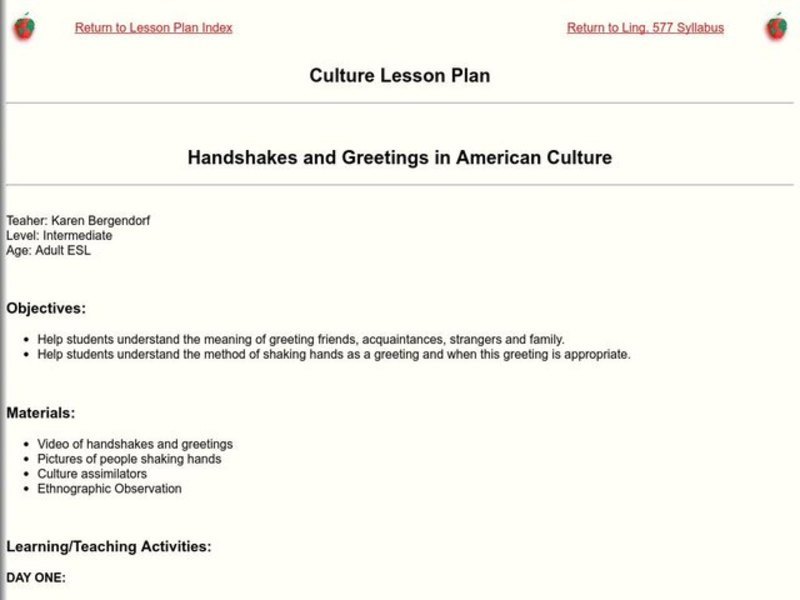 Handshakes and Greetings in American Culture Lesson Plan Handshakes and Greetings in American Culture Lesson Plan
