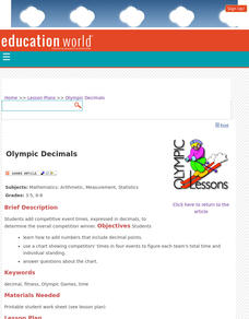 Olympic Decimals Lesson Plan Olympic Decimals Lesson Plan