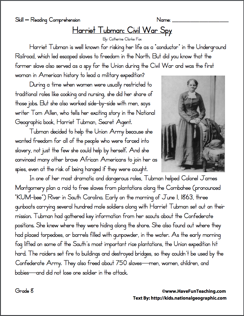 Harriet Tubman: Civil War Spy Worksheet Harriet Tubman: Civil War Spy Worksheet
