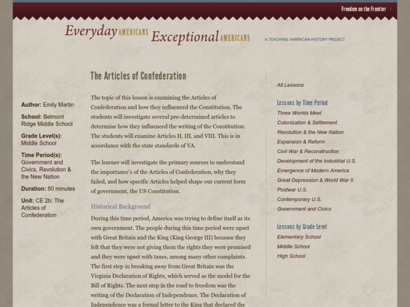 The Articles of Confederation Lesson Plan The Articles of Confederation Lesson Plan