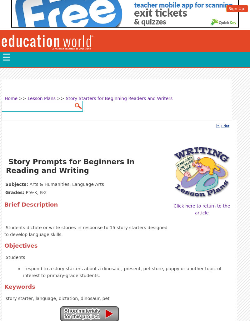 Story Starters for Beginning Readers and Writers Lesson Plan Story Starters for Beginning Readers and Writers Lesson Plan