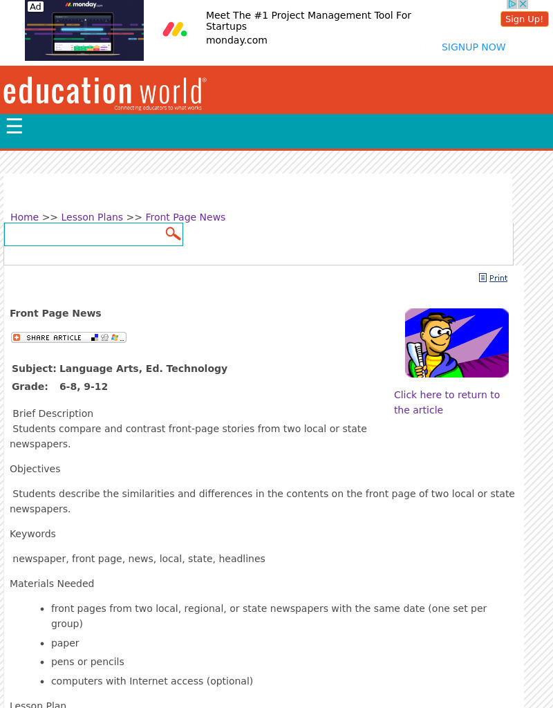 Front Page News Lesson Plan Front Page News Lesson Plan