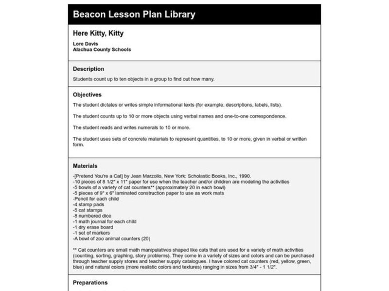 Here Kitty, Kitty Lesson Plan Here Kitty, Kitty Lesson Plan
