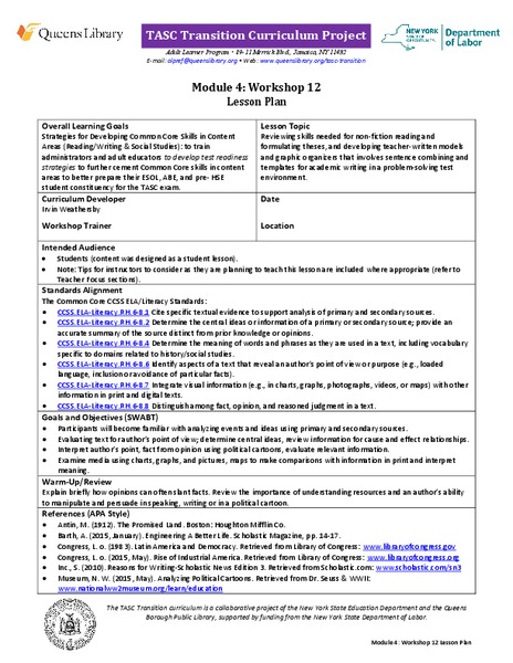 TASC Transition Curriculum: Workshop 12 Lesson Plan TASC Transition Curriculum: Workshop 12 Lesson Plan