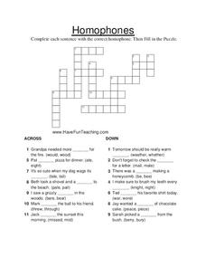 Homophones Crossword Puzzle Worksheet Homophones Crossword Puzzle Worksheet