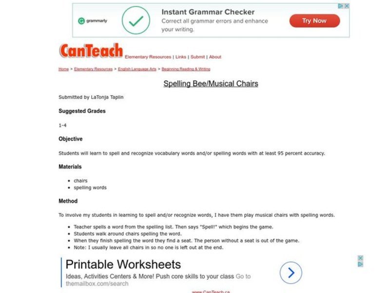 Spelling Bee/Musical Chairs Lesson Plan Spelling Bee/Musical Chairs Lesson Plan