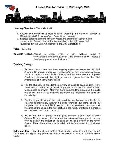 Gideon v. Wainwright Lesson Plan Gideon v. Wainwright Lesson Plan