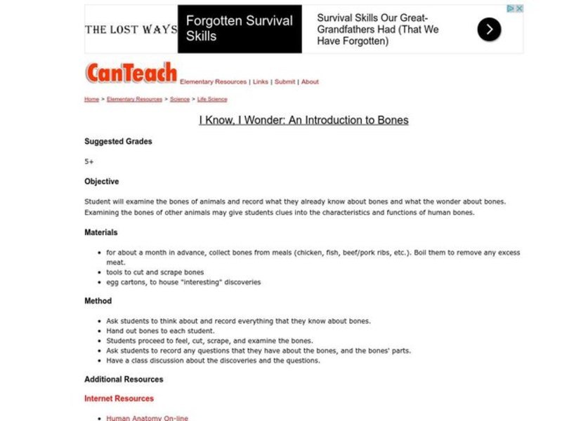 I Know, I Wonder: An Introduction to Bones Lesson Plan I Know, I Wonder: An Introduction to Bones Lesson Plan