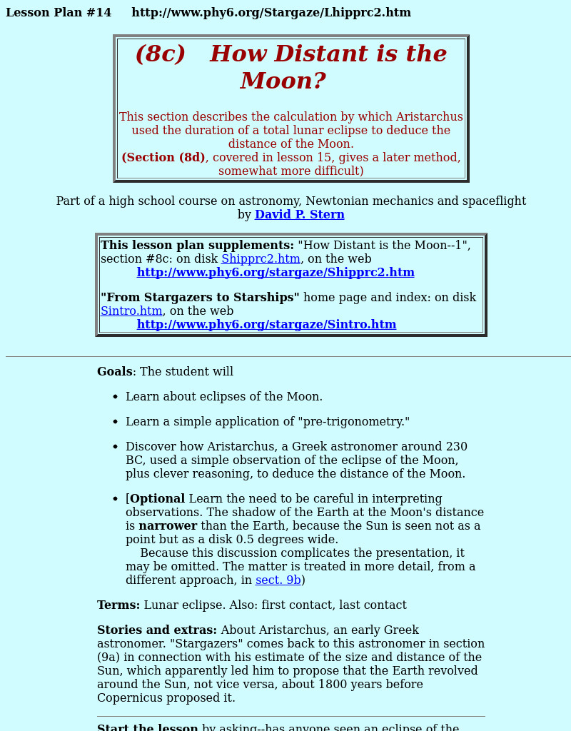 How Distant Is The Moon? Lesson Plan How Distant Is The Moon? Lesson Plan