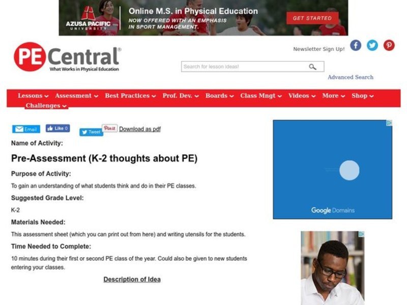 Physical Education Pre-Assessment (K-2) Lesson Plan Physical Education Pre-Assessment (K-2) Lesson Plan