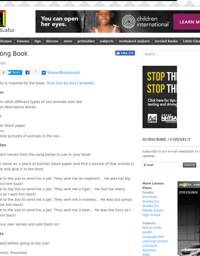 Zoo Song Book Lesson Plan Zoo Song Book Lesson Plan