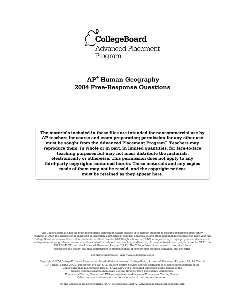 2004 AP® Human Geography Free-Response Questions AP Test Prep 2004 AP® Human Geography Free-Response Questions AP Test Prep