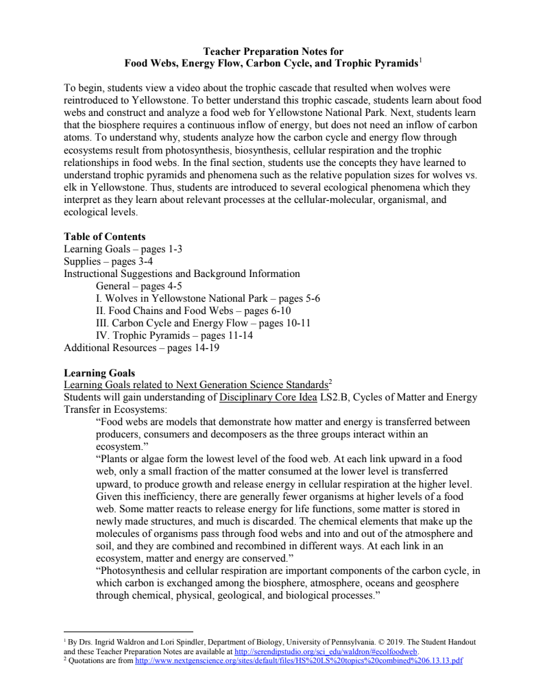 Food Webs, Energy Flow, Carbon Cycle, and Trophic Pyramids Lesson Plan Food Webs, Energy Flow, Carbon Cycle, and Trophic Pyramids Lesson Plan