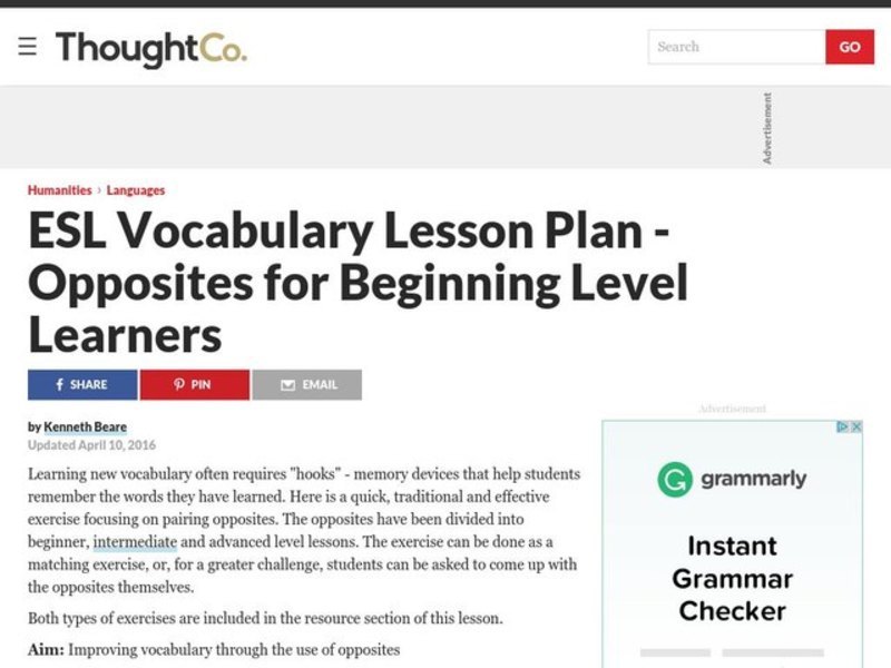 ESL Vocabulary Lesson Plan - Opposites for Beginners Lesson Plan ESL Vocabulary Lesson Plan - Opposites for Beginners Lesson Plan