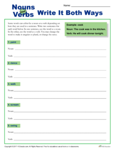 Nouns Verbs: Write it Both Ways Worksheet Nouns Verbs: Write it Both Ways Worksheet