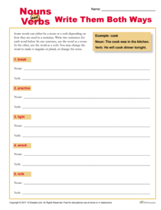 Nouns Verbs: Write it Both Ways Worksheet Nouns Verbs: Write it Both Ways Worksheet