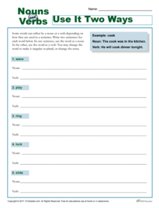Nouns Verbs: Use It Two Ways Worksheet Nouns Verbs: Use It Two Ways Worksheet