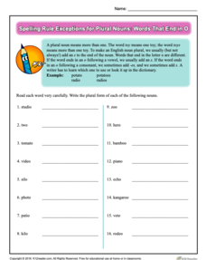 Spelling Rule Exceptions for Plural Nouns: Words That End in O Worksheet Spelling Rule Exceptions for Plural Nouns: Words That End in O Worksheet