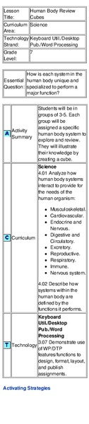 Human Body Review Cubes Lesson Plan Human Body Review Cubes Lesson Plan