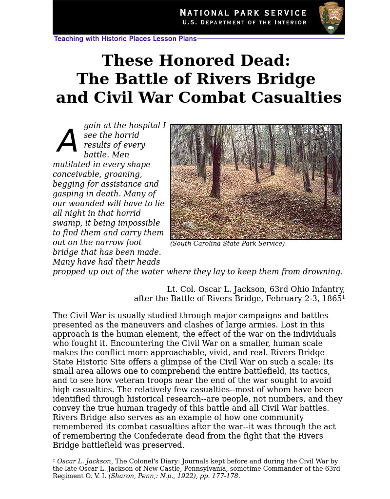 These Honored Dead: The Battle of Rivers Bridge and Civil War Combat Casualties (94) Lesson Plan These Honored Dead: The Battle of Rivers Bridge and Civil War Combat Casualties (94) Lesson Plan