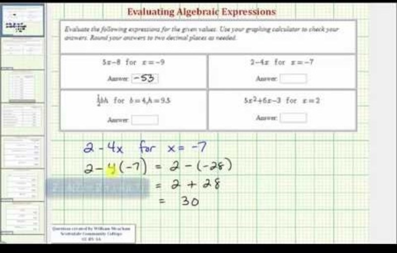 Evaluate Basic Algebraic Expressions (Example 2) Video Evaluate Basic Algebraic Expressions (Example 2) Video