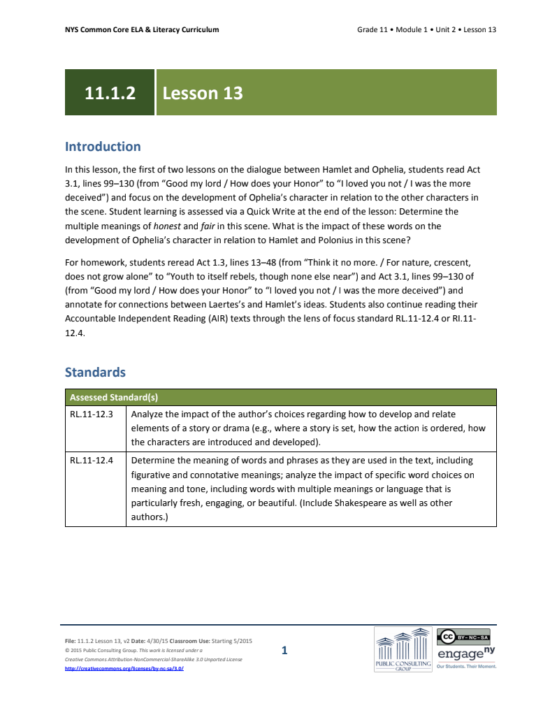 Grade 11 ELA Module 1: Unit 2, Lesson 13 Lesson Plan Grade 11 ELA Module 1: Unit 2, Lesson 13 Lesson Plan