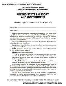 US History and Government Examination: August 2010 Assessment US History and Government Examination: August 2010 Assessment