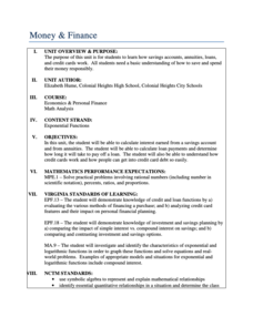 Money and Finance Unit Plan Money and Finance Unit Plan