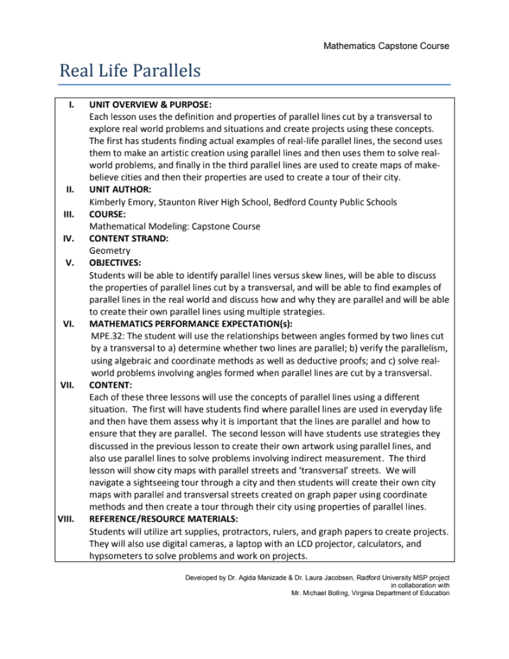 Real Life Parallels Unit Plan Real Life Parallels Unit Plan