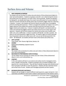 Surface Area and Volume Unit Plan Surface Area and Volume Unit Plan