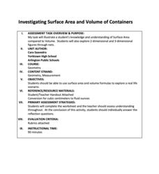 Lemonade Business - Investigating Surface Area and Volume of Containers Performance Lemonade Business - Investigating Surface Area and Volume of Containers Performance