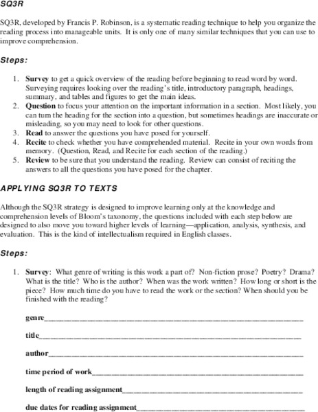 Applying SQ3R to Texts Lesson Plan Applying SQ3R to Texts Lesson Plan
