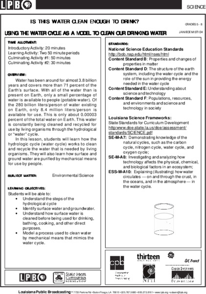 Is This Water Clean Enough To Drink? Lesson Plan Is This Water Clean Enough To Drink? Lesson Plan