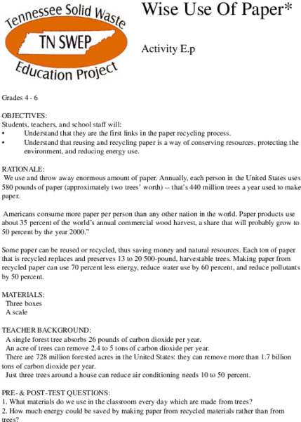 Wise Use of Paper Lesson Plan Wise Use of Paper Lesson Plan