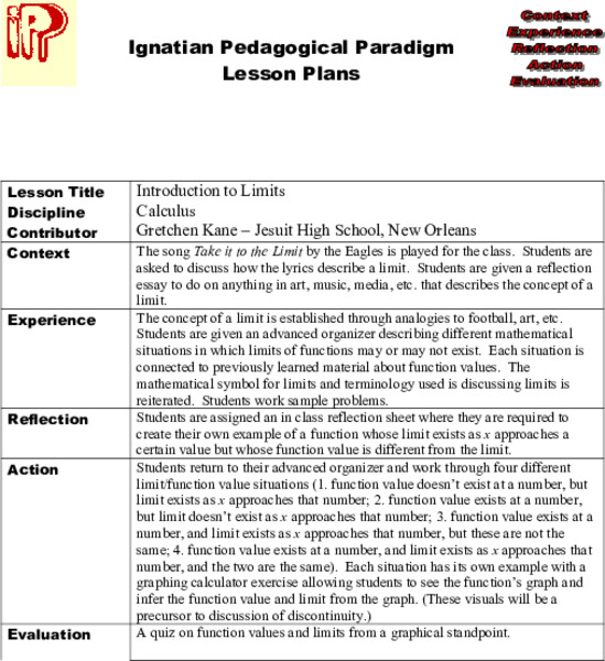 Introduction to Limits Lesson Plan Introduction to Limits Lesson Plan