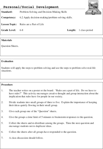 Personal/Social Development Lesson Plan Personal/Social Development Lesson Plan