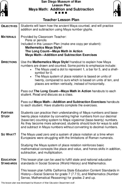 Maya Math: Addition and Subtraction Lesson Plan Maya Math: Addition and Subtraction Lesson Plan