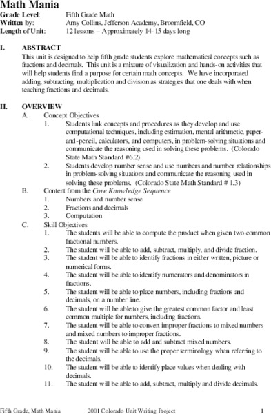 Math Mania Lesson Plan Math Mania Lesson Plan