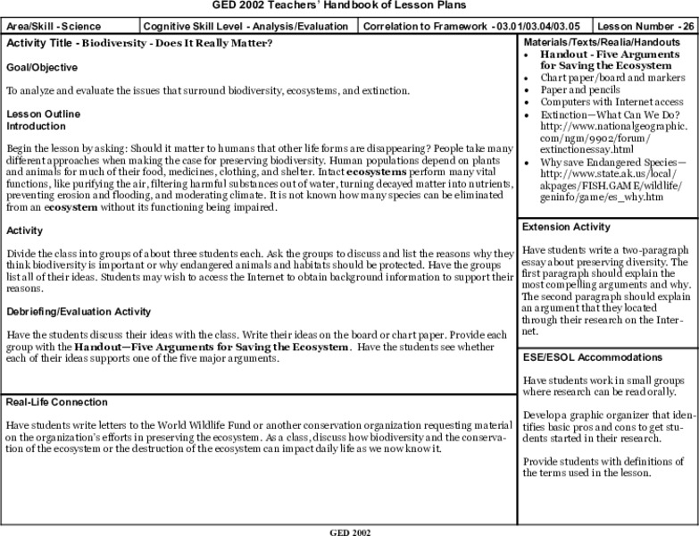 Biodiversity - Does It Really Matter? Lesson Plan Biodiversity - Does It Really Matter? Lesson Plan